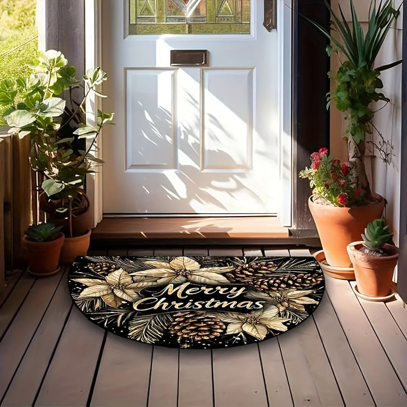 Get into the holiday spirit with our Christmas Cheer Semi-Circle Doormat featuring a festive Golden Pinecone & Jewelry Design. This non-slip, machine washable polyester rug is perfect for your living room, bedroom, game room, or cafe entrance. Add a