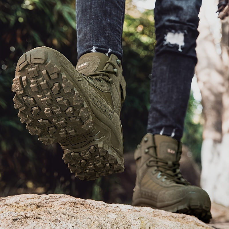 Outdoor lace-up hiking boots for men with rugged style.