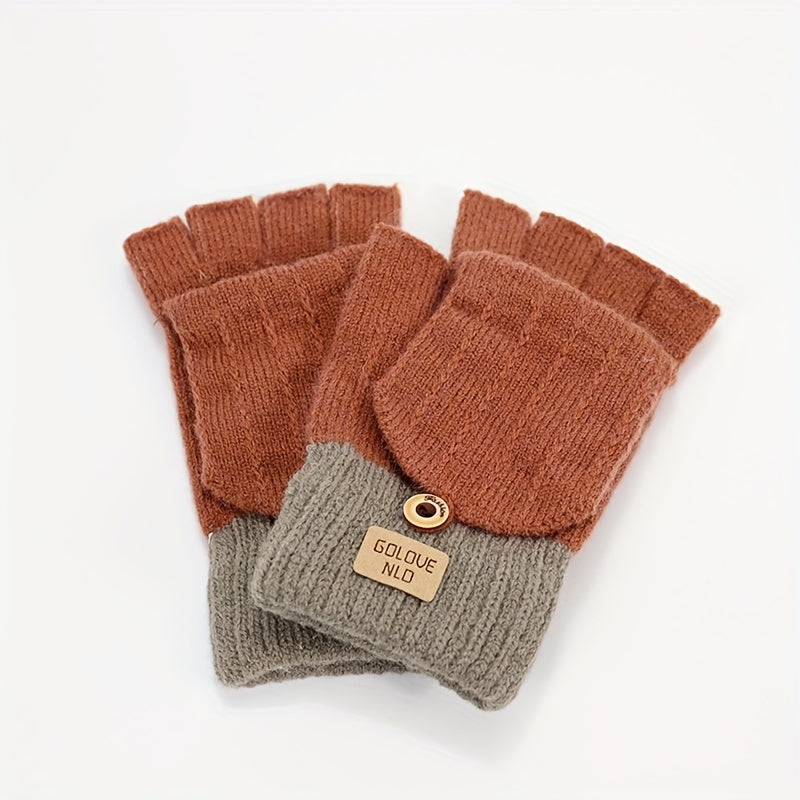 Stay warm and stylish in these women's knitted polyester flip gloves. These casual half-finger gloves come with a cover to keep your fingers cozy. Their solid color design is both classic and versatile, while the elastic material ensures a comfortable