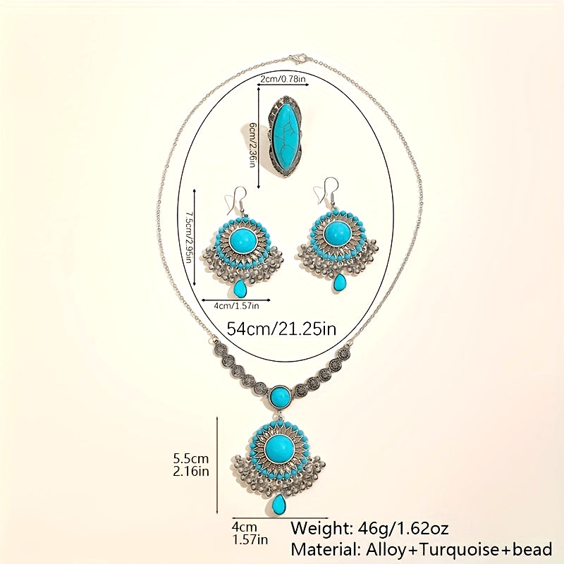 1 Boho style jewelry set featuring a pair of earrings, a necklace, and a ring. Inlaid with natural turquoise, this set is the perfect gift to complement any daily outfit.