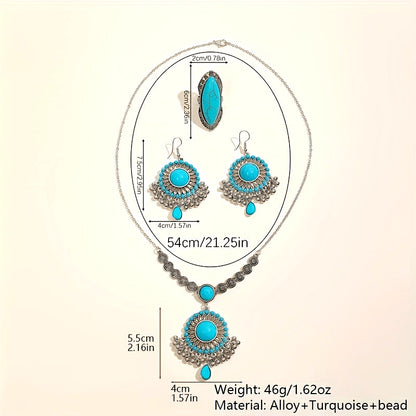 1 Boho style jewelry set featuring a pair of earrings, a necklace, and a ring. Inlaid with natural turquoise, this set is the perfect gift to complement any daily outfit.