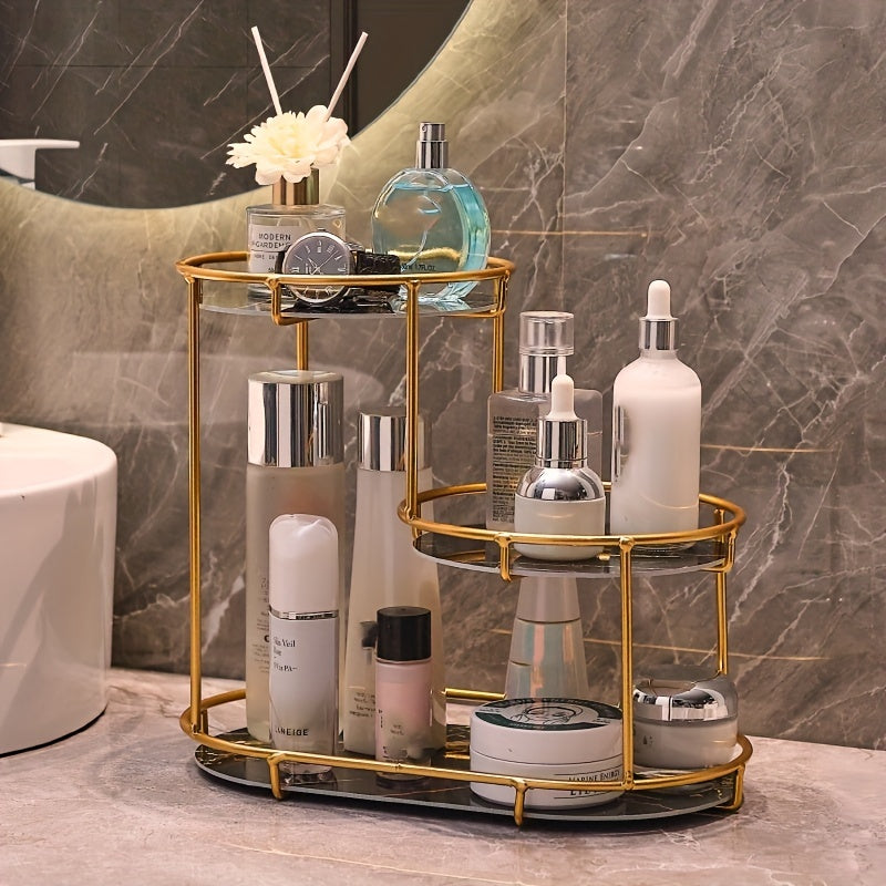 Durable cast iron 3-tier bathroom organizer for cosmetics, perfumes, skincare, and toothbrushes with washable UV panel.