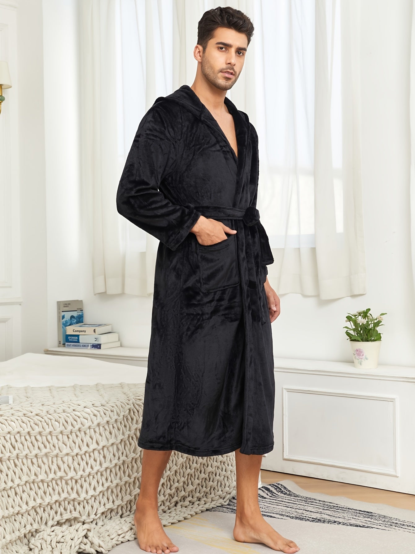 rongtai Men's Plush Fleece Hooded Bathrobe in Green with Side Pockets & Tie Belt, perfect for Autumn/Winter lounging.