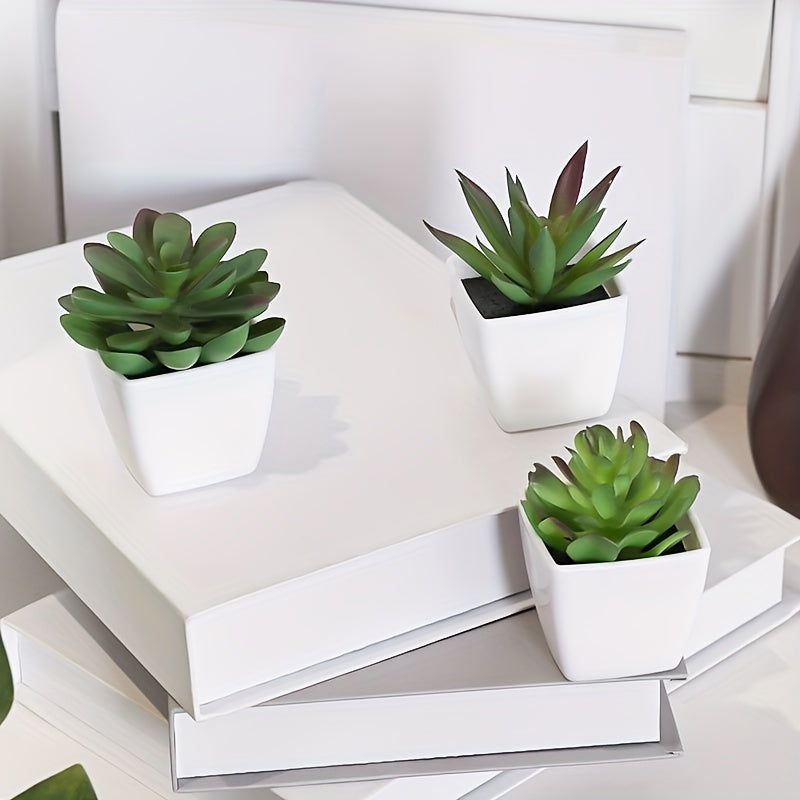 Artificial succulent plants in mini pots, perfect for indoor decoration in offices or rooms.