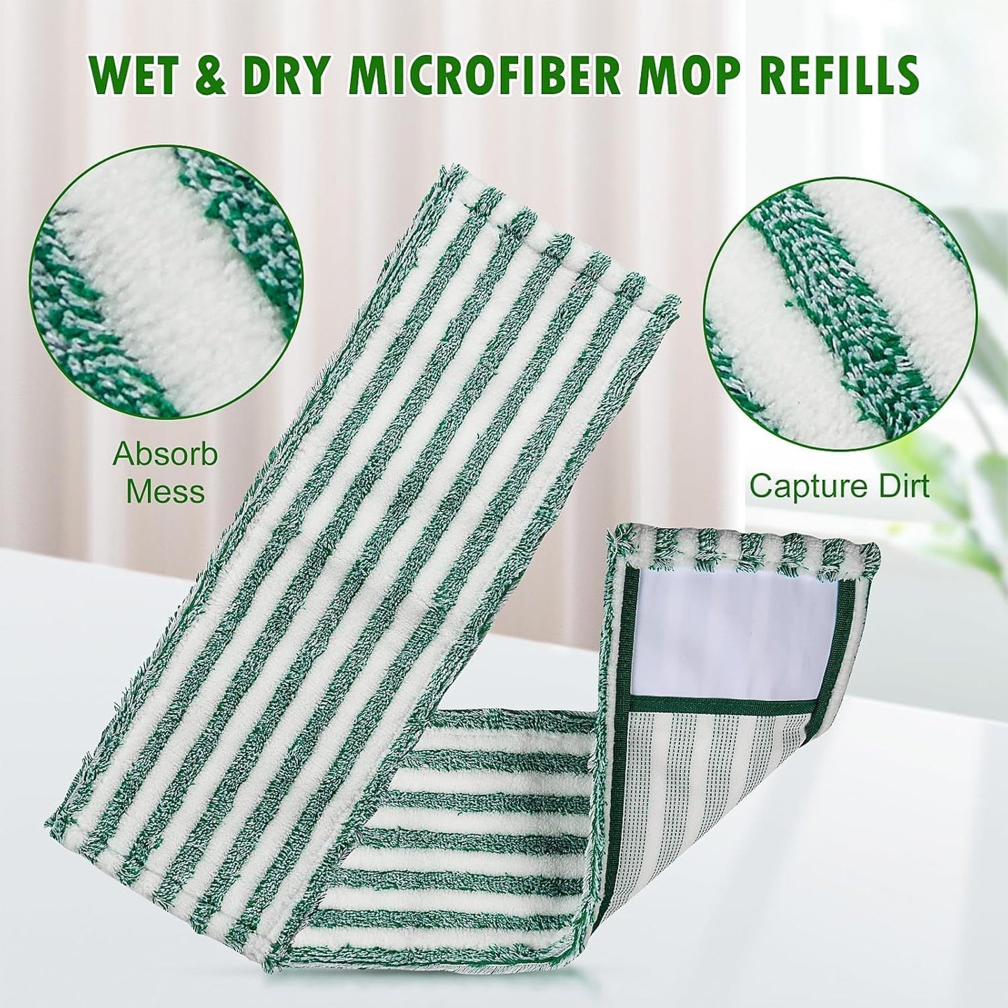 Microfiber mop refill pad in green stripe pattern, washable and reusable. Compatible with Libman floor mop for easy wringing. Perfect for home and office use.