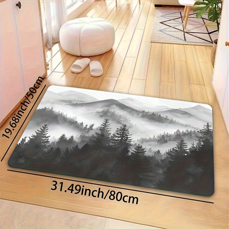 Forest Big Mountain Pattern Bathroom Carpet with Foam Cushion and Skid-Proof Bottom for Kitchen, Living Room, Bedroom, and Indoor Spaces. Machine Washable Entrance Doormat for Home Decor.