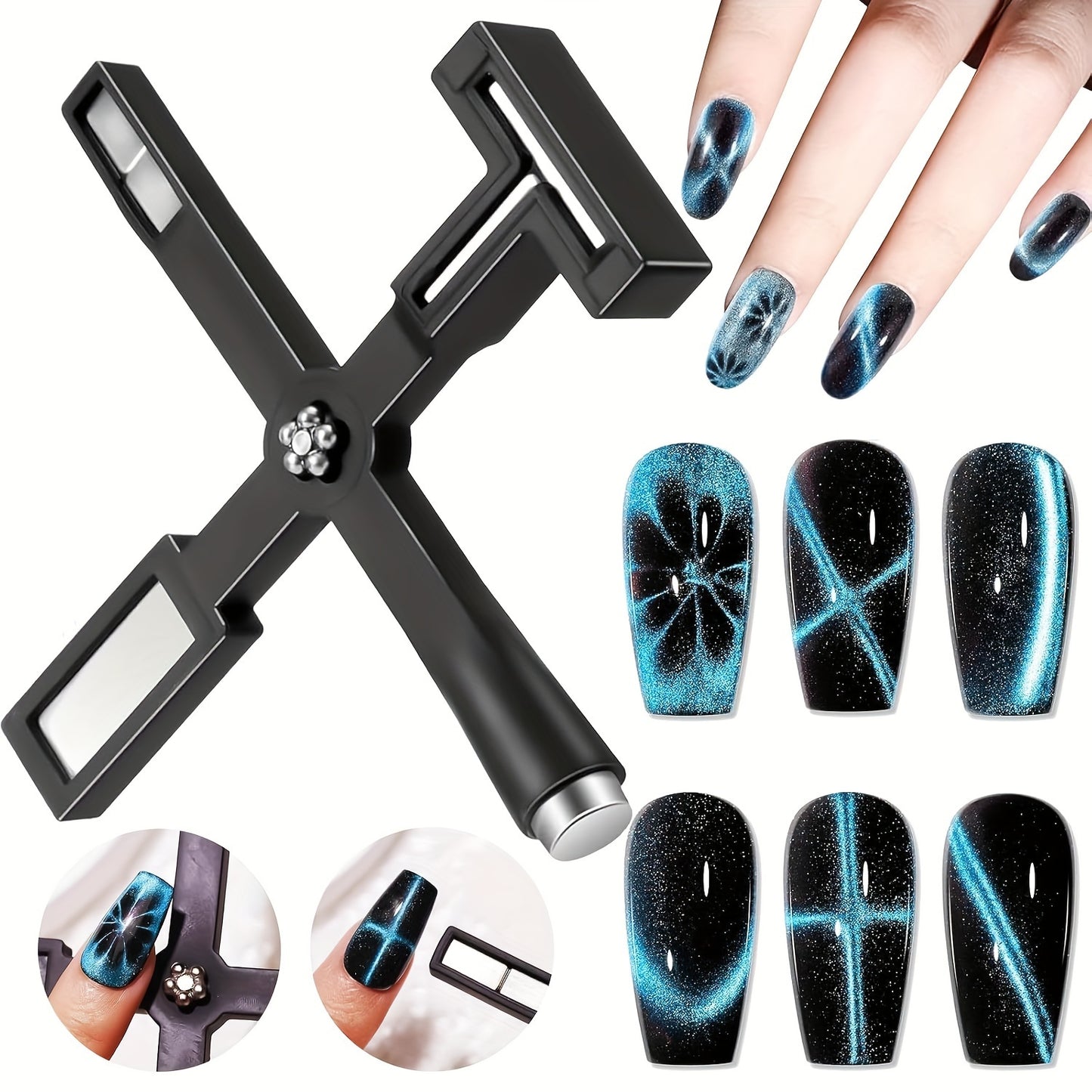 XIYANG TRADE 5-in-1 Cat Eye Magnet for Nails - Multi-function magnetic tool for dotting, drawing, and designing. Includes mirror effect and gradient blue accessories. Odorless and perfect