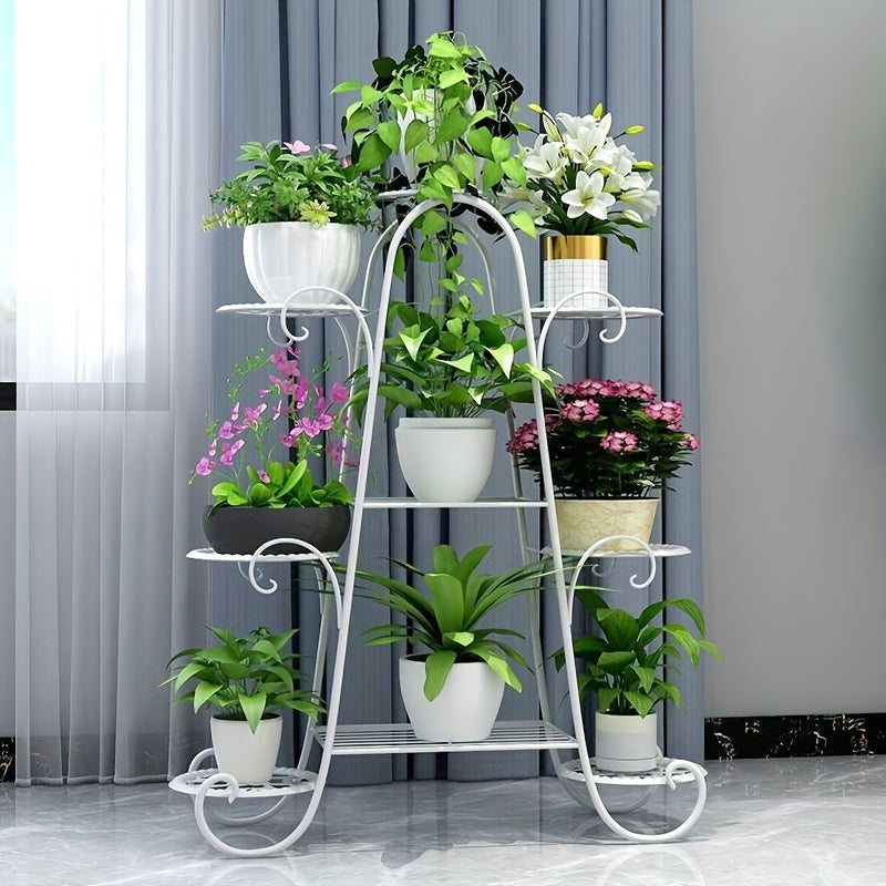 European-style metal plant stand with 9 tiers for indoor and outdoor use. Provides a decorative display for flower pots in the garden, balcony, or living room. Does not require electricity