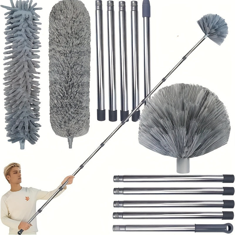 Extendable Duster Set with Stainless Steel Pole - Easily Remove Spider Webs & Dust - Perfect for Home, Car, and Outdoor Use - No Batteries Needed