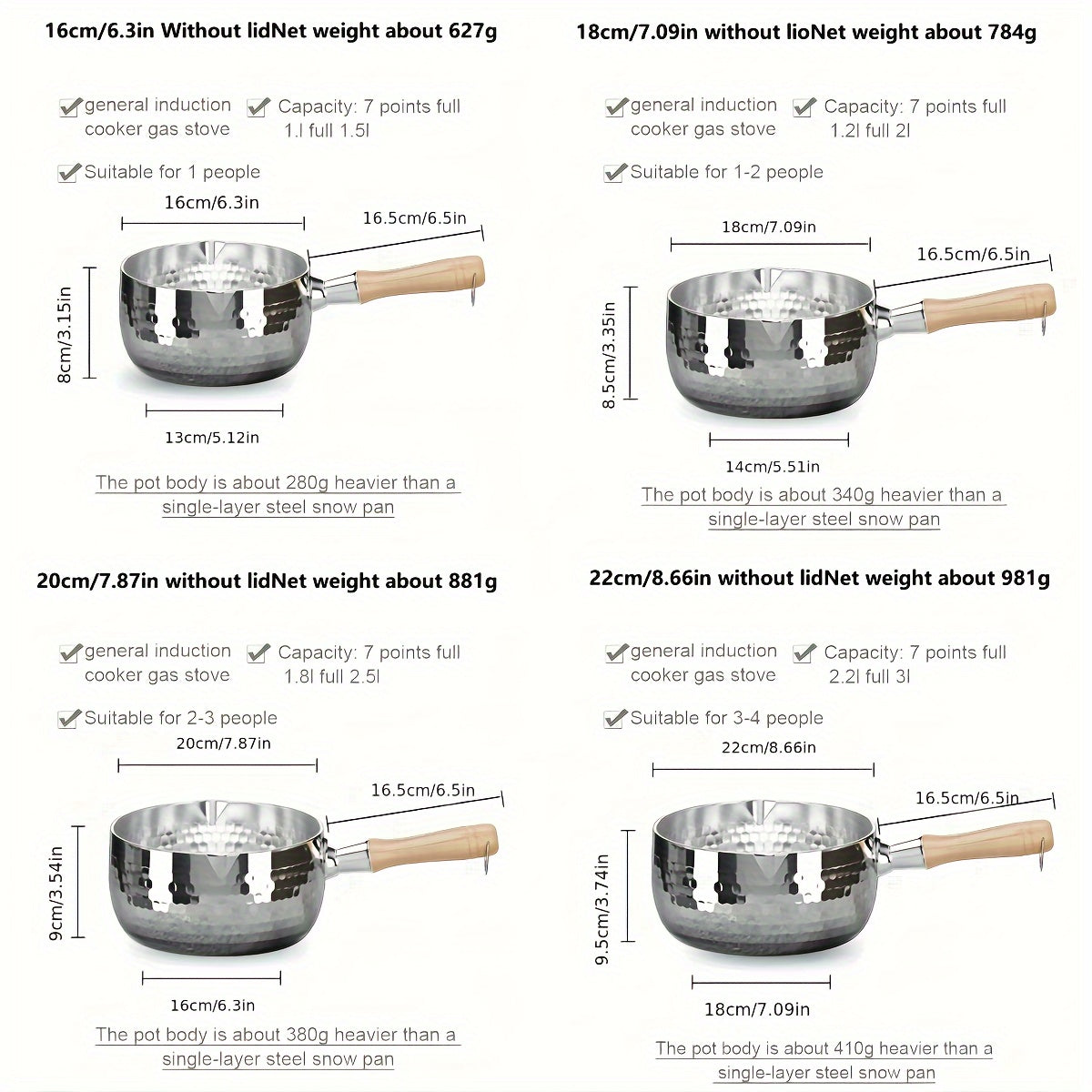 A small soup pot for home use without power supply made of 304 brushed finish stainless steel, featuring a wooden handle and induction compatibility