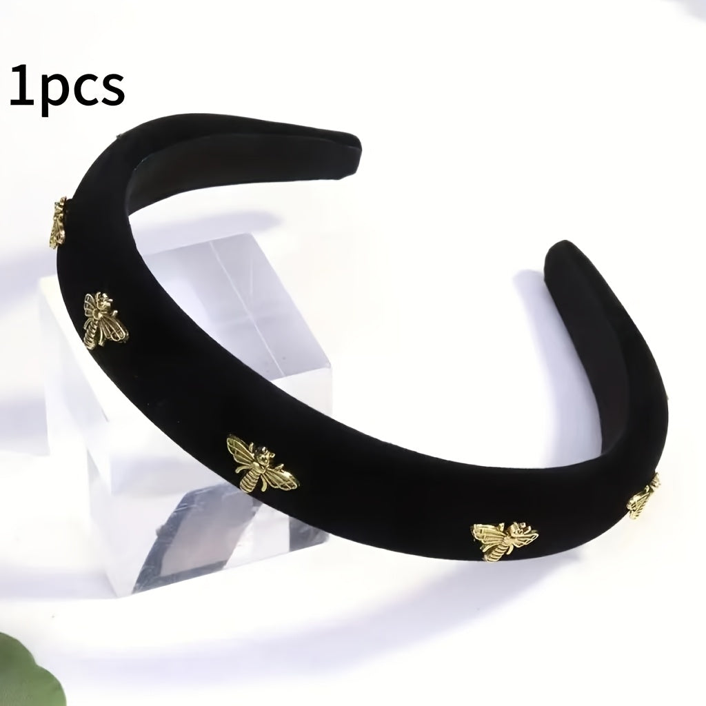 New High-End Velvet Headbands with Bee Design, Retro Fabric Style, Versatile Fashion Accessories; 1-2 pieces.