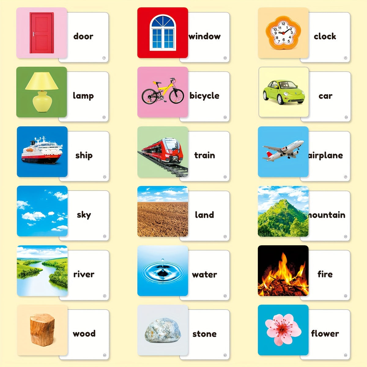 1 box of 54 English children's object word learning cards featuring 54 different object image cards with corresponding word learning cards, designed with rounded edges for safety.