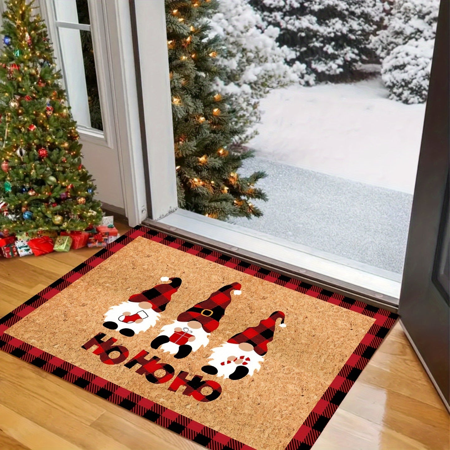 Welcome guests with the Christmas Gnome Doormat! This low-pile rug is machine washable and non-slip, perfect for use in an RV, farmhouse kitchen, bath, bedroom, or entrance. Made of durable polyester, this festive mat is a holiday decorative touch for