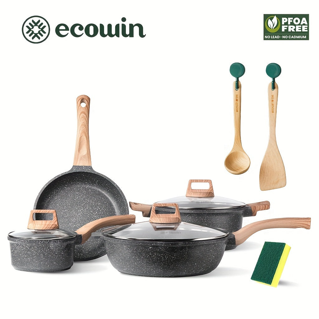 Cook like a pro with the Ecowin 4-piece non-stick cookware set featuring Maifan stone coating. This set includes a frying pan, wok, milk pot, and soup pot, all with matching lids. Compatible with all stovetop types for versatile cooking options.