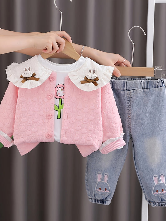 Girls' 3-piece spring/autumn fashion set featuring a cute ruffle collar, floral print long-sleeve t-shirt, denim rabbit pants, and regular fit polyester blend outerwear. Suitable for