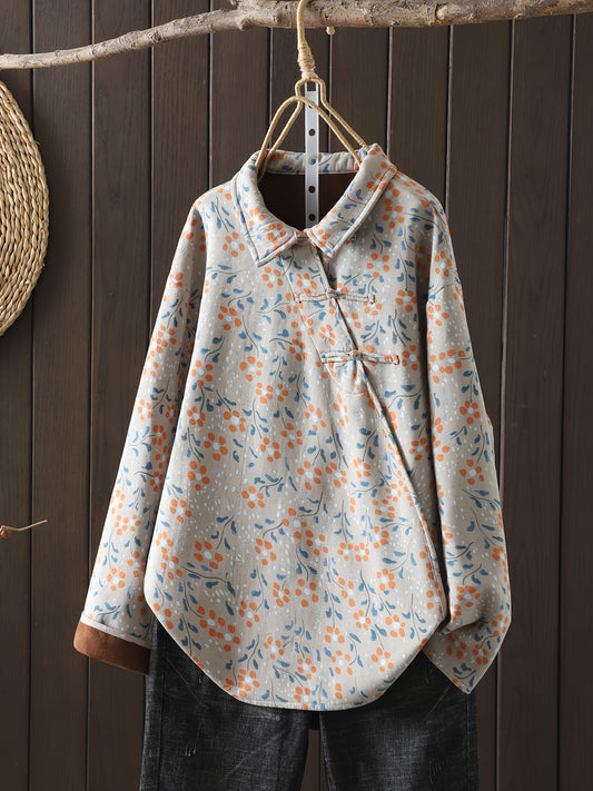 Floral print stand-up collar shirt with Chinese-style placket buttons, ideal for fall and winter. Perfect for plus-size women.