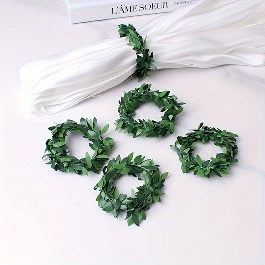 Set of 10, 6cm green leaf rattan ring napkin rings with PVC wire