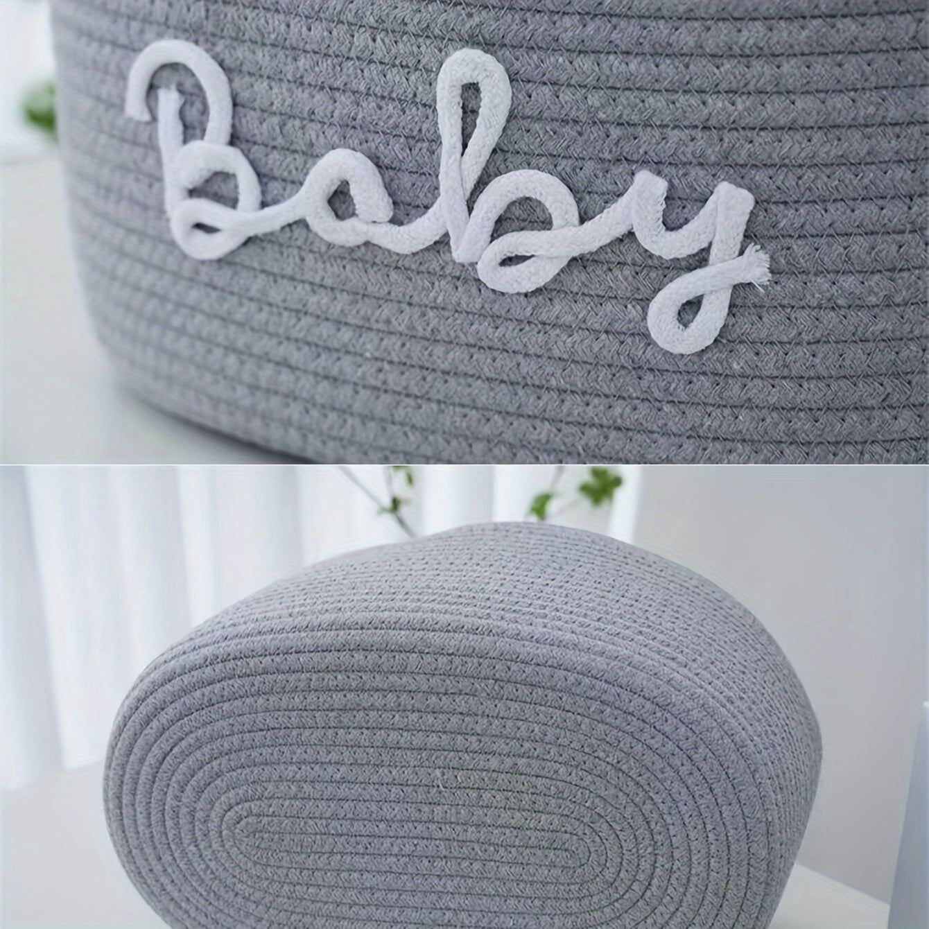 Storage basket made of cotton rope with lettered design, featuring a detachable inner basket for separating dry and wet items. Can be used as a hand-held storage solution.