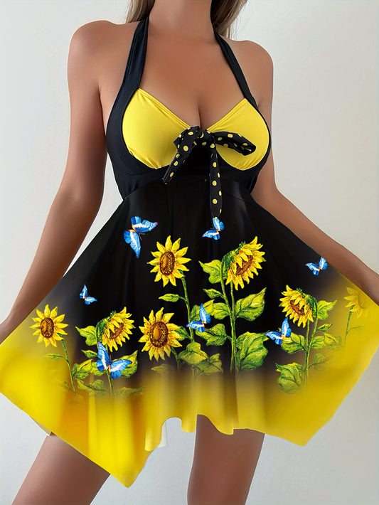 Women's 2 piece tankini set with sunflower print top, bow swim dress, and dot print bottoms.