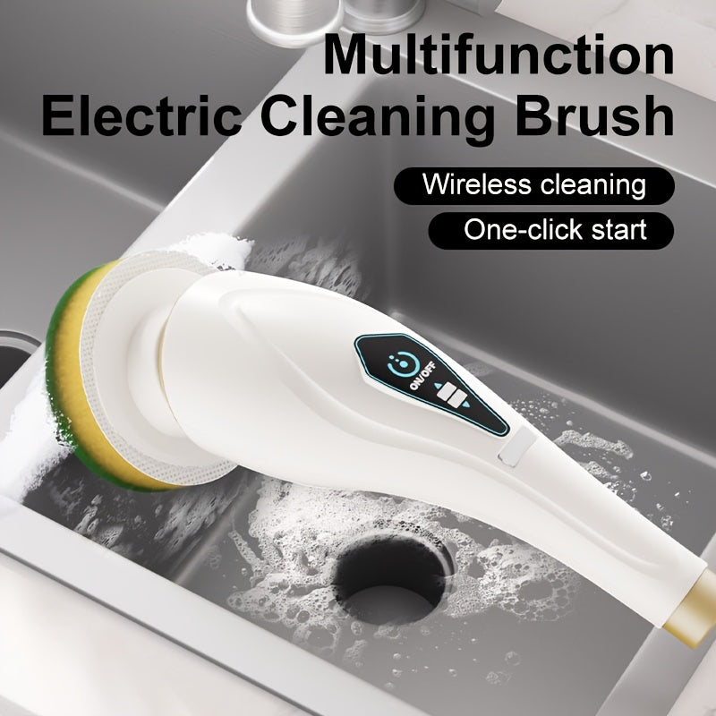 Set of 8 Multi-Functional Electric Cleaning Brushes, featuring Cordless 2-Speed Rotating Scrubber with Adjustable and Detachable Handle. Includes Replaceable Brush Heads and is designed for use in the Bathroom, Toilet, Tile, and Floor. Equipped with a