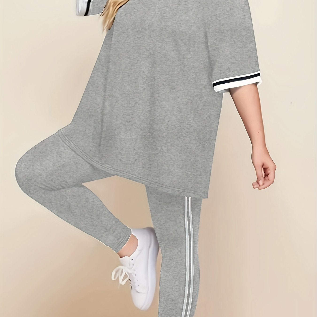 Plus Size Casual Sports Loungewear Set- Striped Print, Soft Polyester & Elastane Blend, Short Sleeve Top with Ruffle Detail, Comfortable Knit Fabric, All-Season Wear for Women, Plus Size.