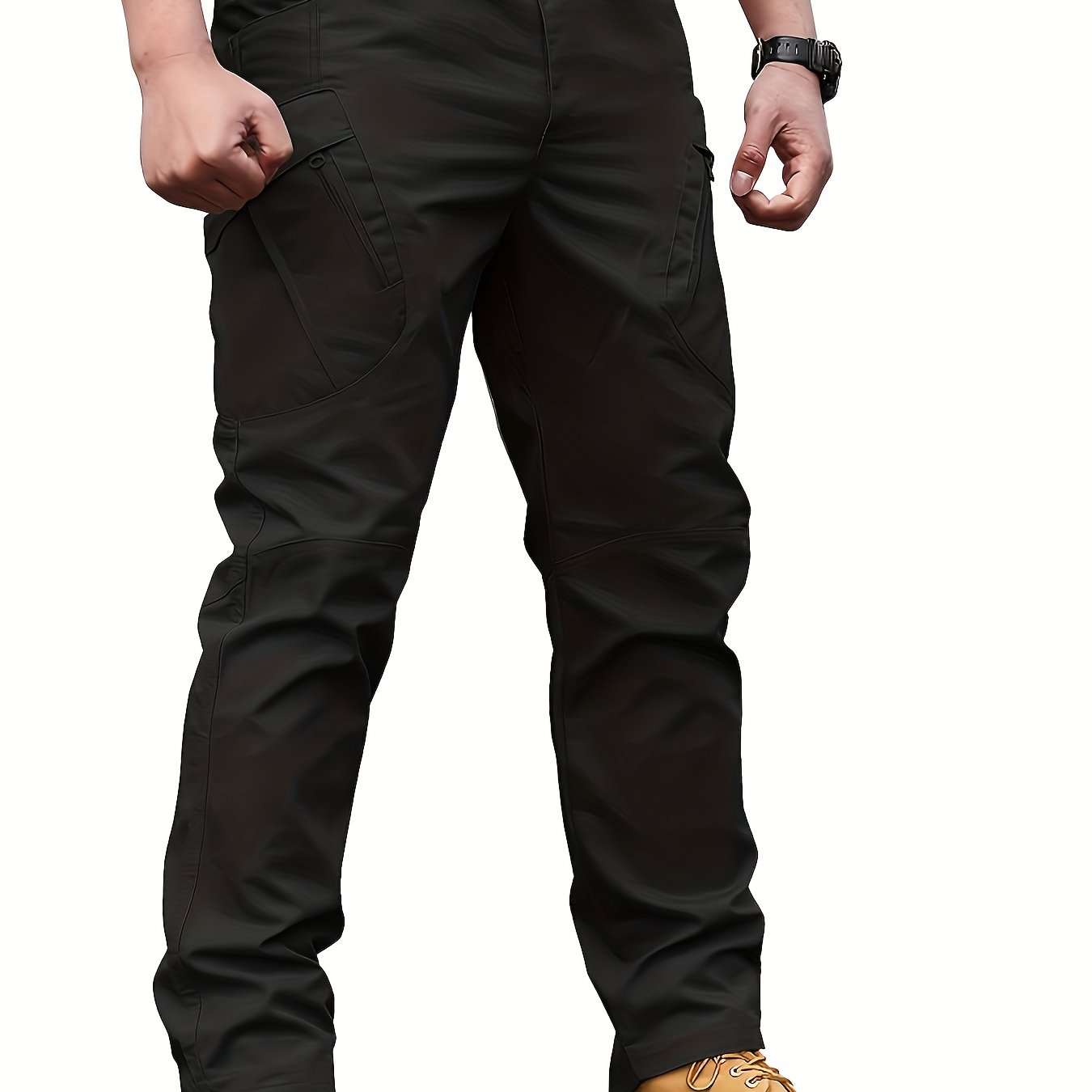 Men's tactical pants with multiple pockets, machine washable polyester, suitable for all seasons.