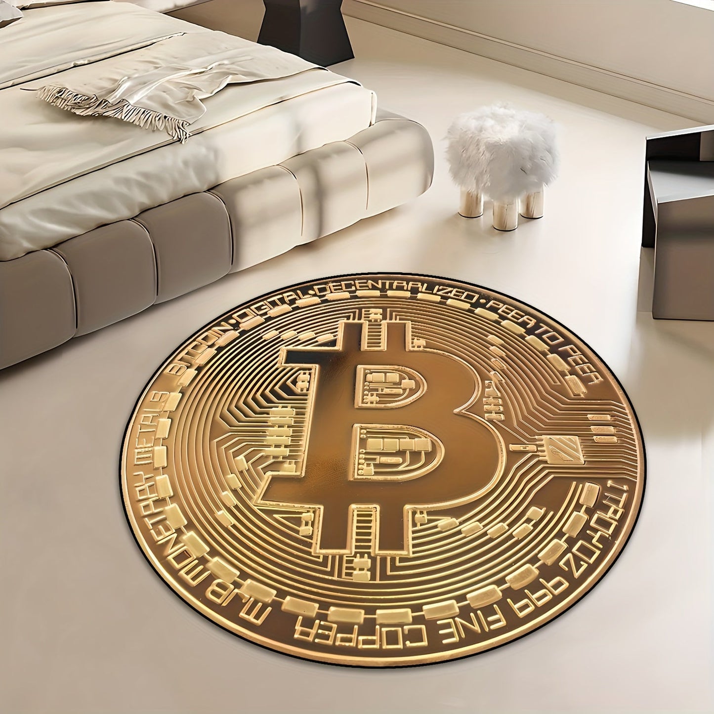 Get yourself the 1pc Bitcoin Pattern Round Rug for a touch of luck and wealth in your home decor! This decorative rug is perfect for your bedroom or living room, and is ideal for holiday parties. It is stain resistant and dustproof, making it easy to