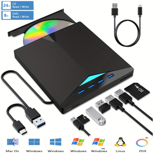 External CD/DVD drive with 7-in-1 connectivity options for laptops and desktop computers.