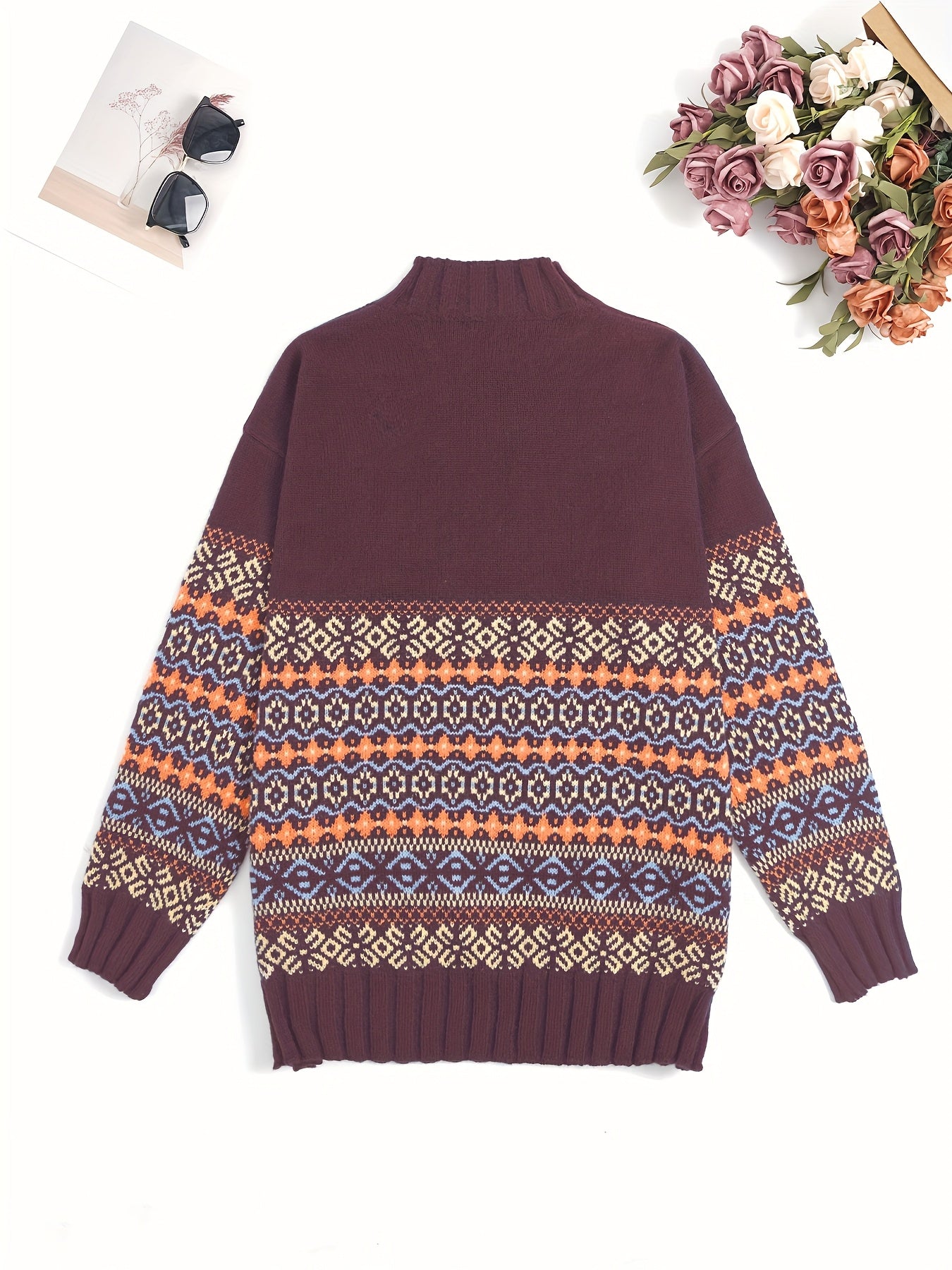 Women's plus size geometric pattern high neck sweater in polyester knit with medium stretch, thick long sleeves, ideal for fall/winter.