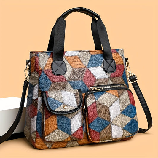 Shoulder bag for women, casual style with geometric patchwork design in black and yellow. Made of faux leather with polyester lining, adjustable strap, zipper closure, no print or