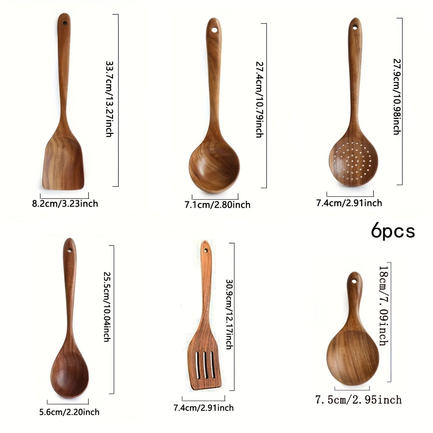 Six wooden utensils set, including cooking spoons, that are both sturdy and elegant kitchen tools for both preparation and serving purposes.