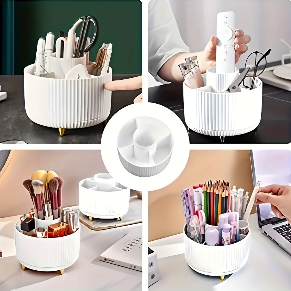 360° Rotating Makeup Organizer with 5 compartments for brushes, lipsticks, skincare, and stationery. Durable unscented desk caddy with luxury stripe design.