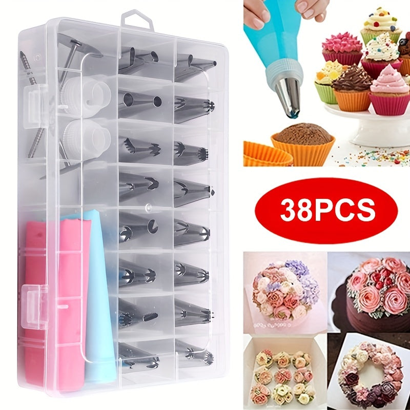 Cake Decorating Nozzle Set with 38 Pieces Including Decorating Bag, Korean Decorating Tool Box, and Various Cake Baking Tools and Accessories - Includes 32 Decorating Nozzles, 2 Decorating Nails, 2 Decorating Bags, and 2 Converters