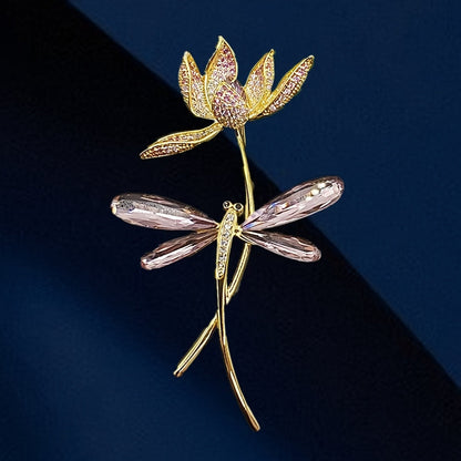 Beautiful Rhinestone Glass Dragonfly & Flower Brooch Pin for Women - Stylish Fashion Accessory