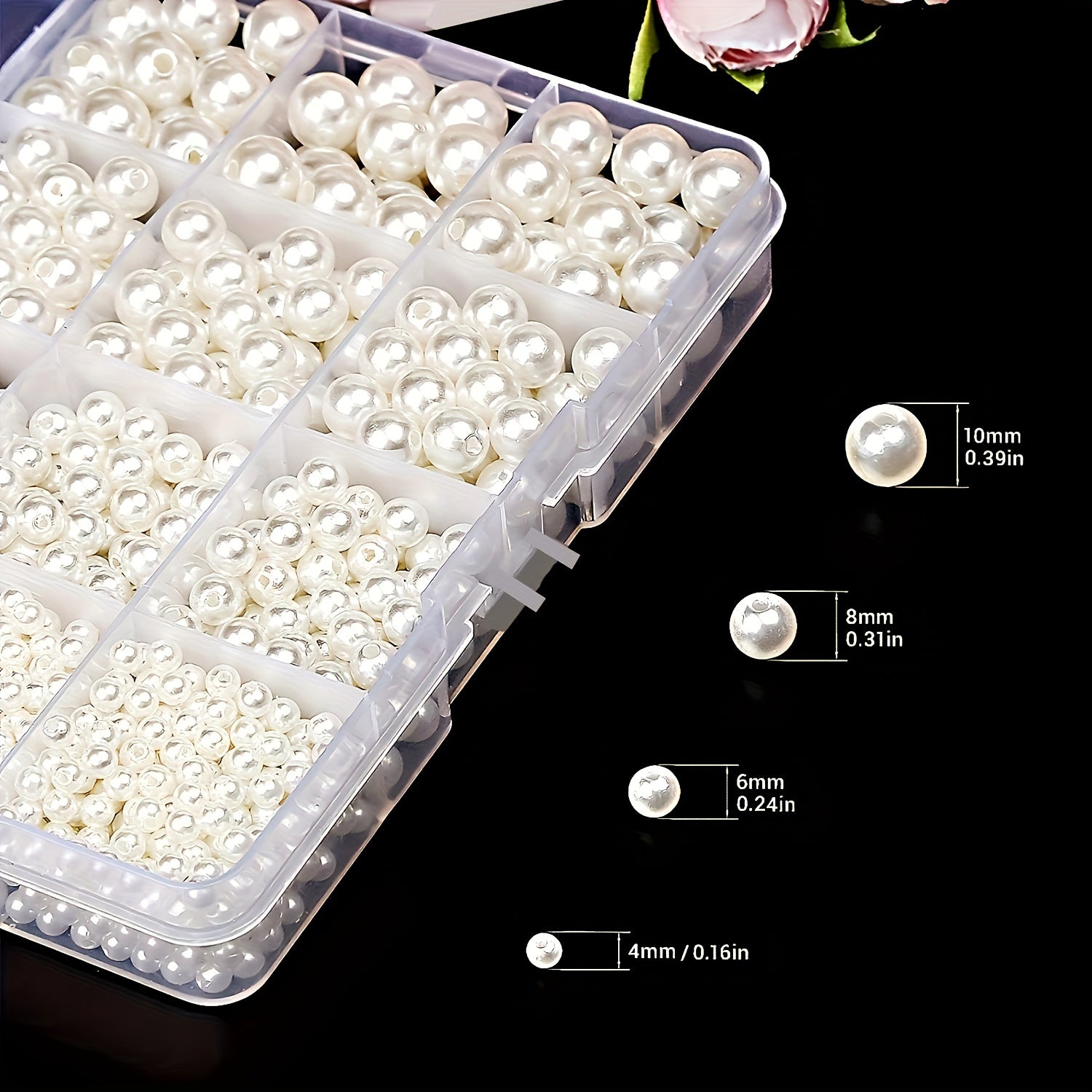 1320 pieces of white round pearl beads in sizes of 4, 6, 8, and 10 millimeters. Comes in 12 boxes for making DIY bracelets and necklaces. Can be used to create colorful crafts with beads