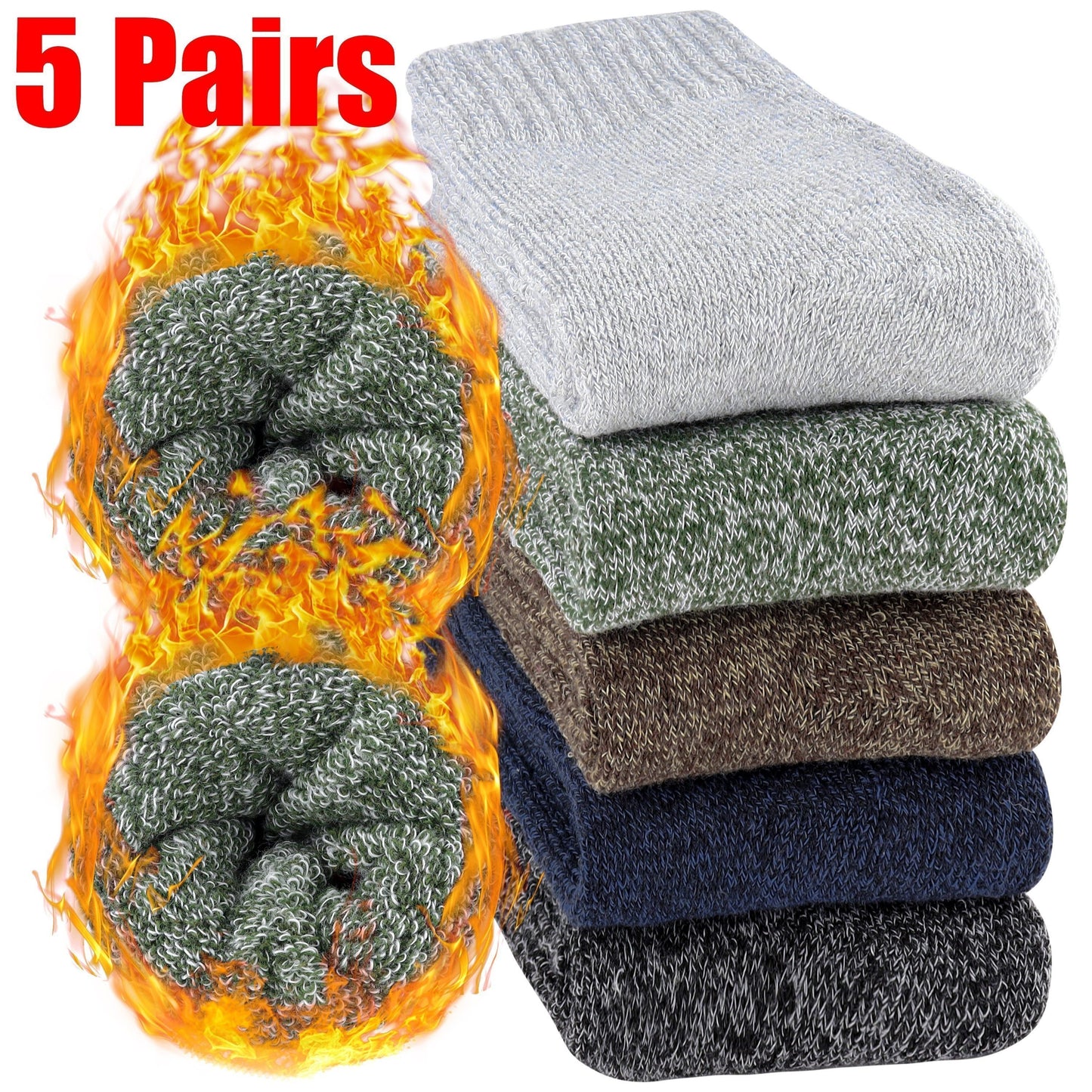 5 Pairs of Men's Thermal Winter Socks - Cozy & Warm for Outdoor Activities | Breathable Polyester Blend with Wool, Acrylic & Rayon | Ribbed Cuffs | Machine Washable