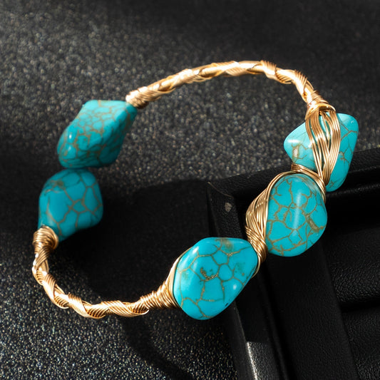 One piece of an exquisite handcrafted copper turquoise bracelet in a bohemian style, featuring a natural stone and adjustable size. Perfect for daily wear and gift-giving, this bracelet is made without any mosaic material.