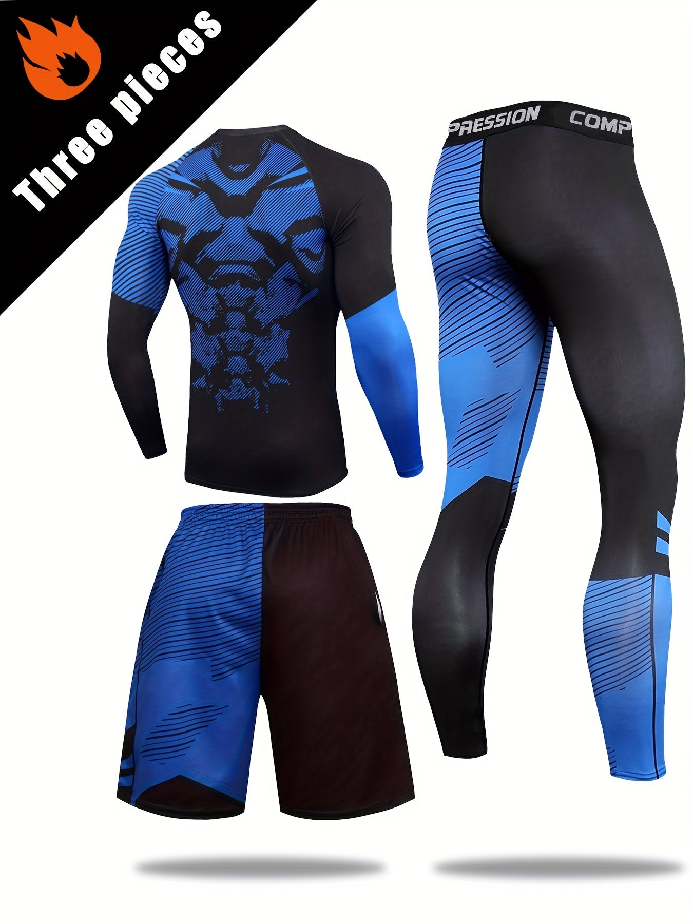 3-piece Men's Quick-drying Sports Suits: Long Sleeve Compression T-shirt, Breathable Shorts, High Stretch Leggings