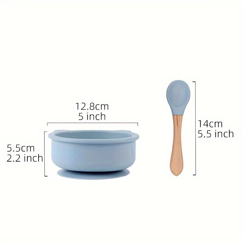 This baby feeding set includes a food grade silicone suction cup bowl with a wooden handle baby food spoon. It is safe for children as it does not contain BPA.