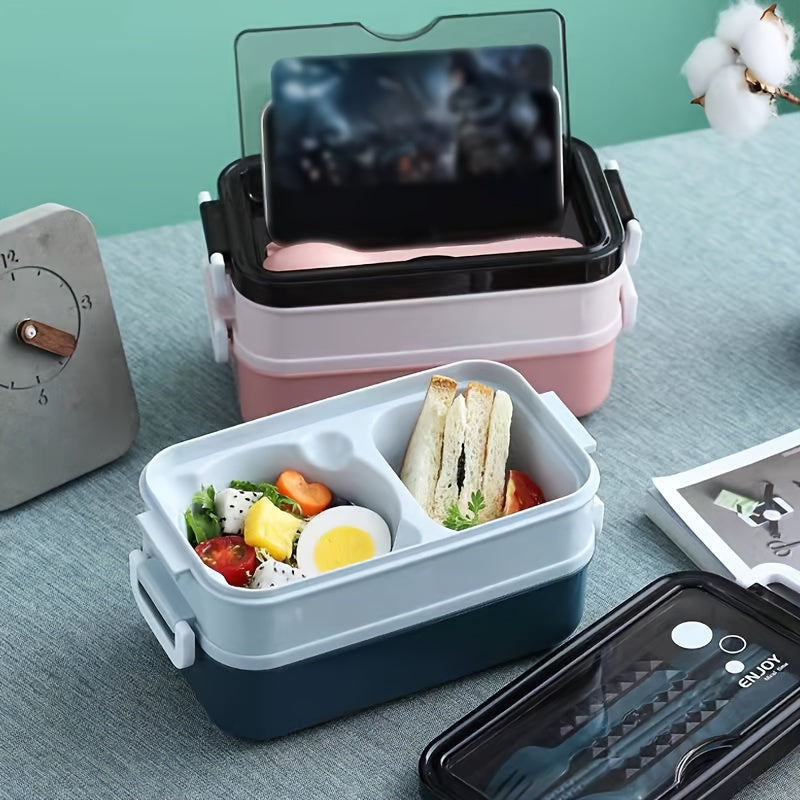 Colorful Double-Layer Leakproof Lunch Box with Cutlery Set, 1pc - Microwave Safe, Durable Plastic, Rectangular Bento Box ideal for Students & Office Workers; Comes in Pink, Blue, Green, and Dark Teal Options.