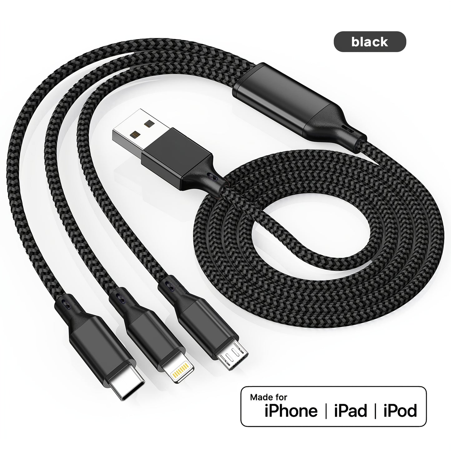 Fast charging USB cable compatible with iPhone, Samsung, Type-C, Micro USB devices and various Android smartphones.