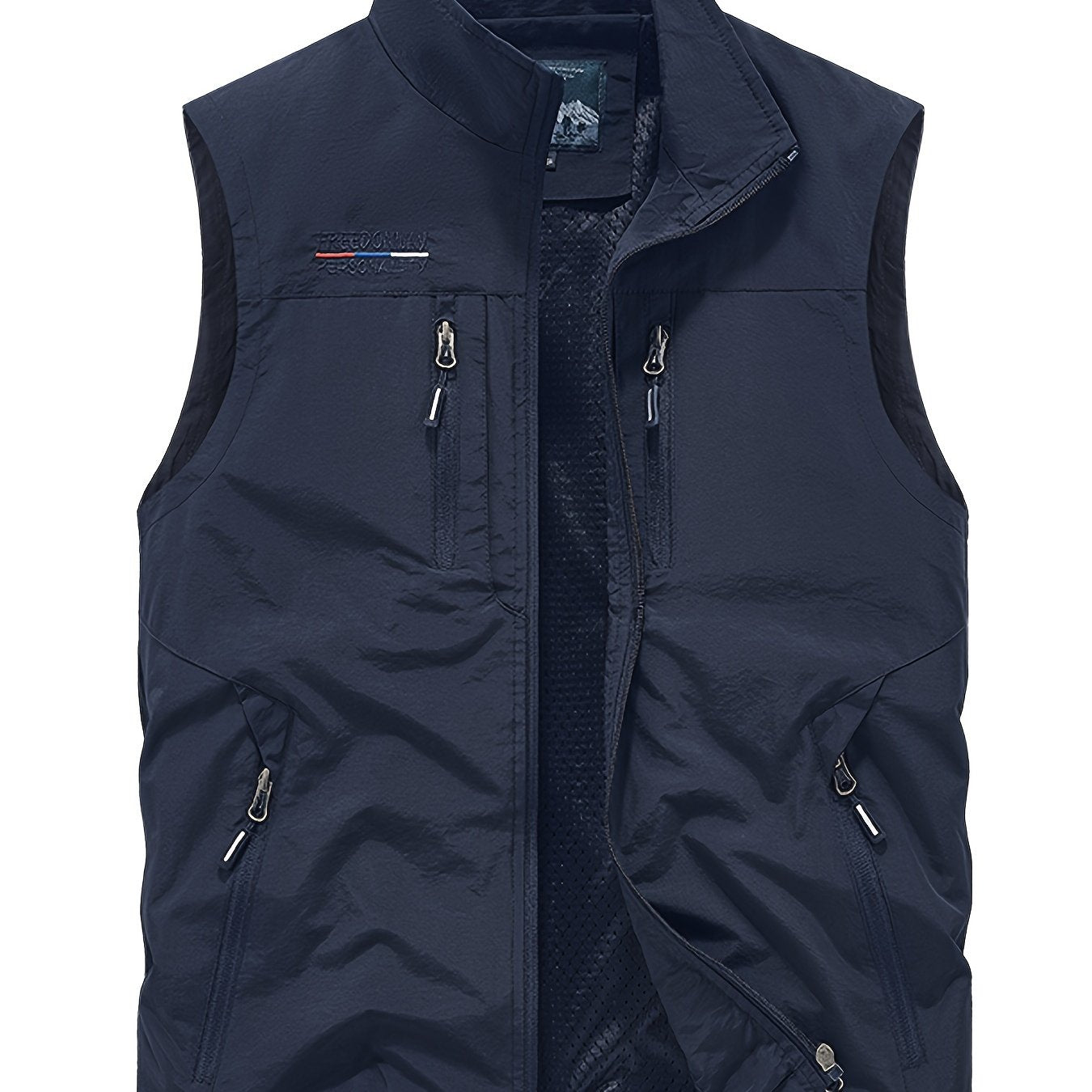 Men's Nylon Fishing Vest with Stand Collar, Multi-Pocket Design, Polyester Lining, Regular Fit