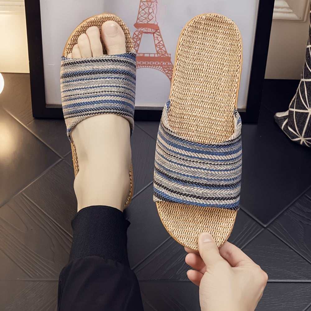 Comfortable home slippers with a striped pattern and casual open toe design.