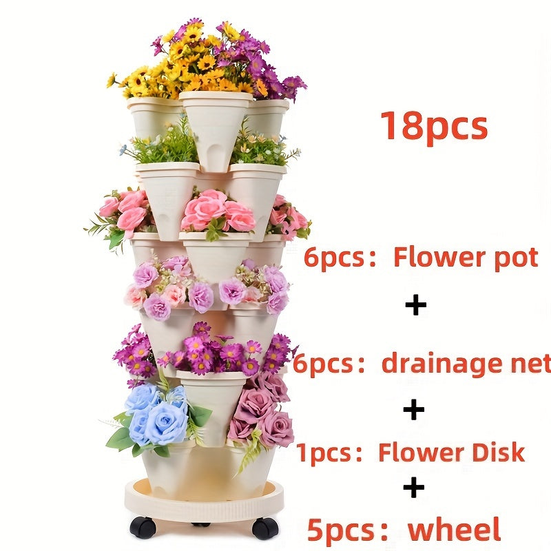 6-Layer stackable flower pots made of durable plastic with wheels and tools for indoor or outdoor gardening. Suitable for flowers, herbs, strawberries, and vegetables.