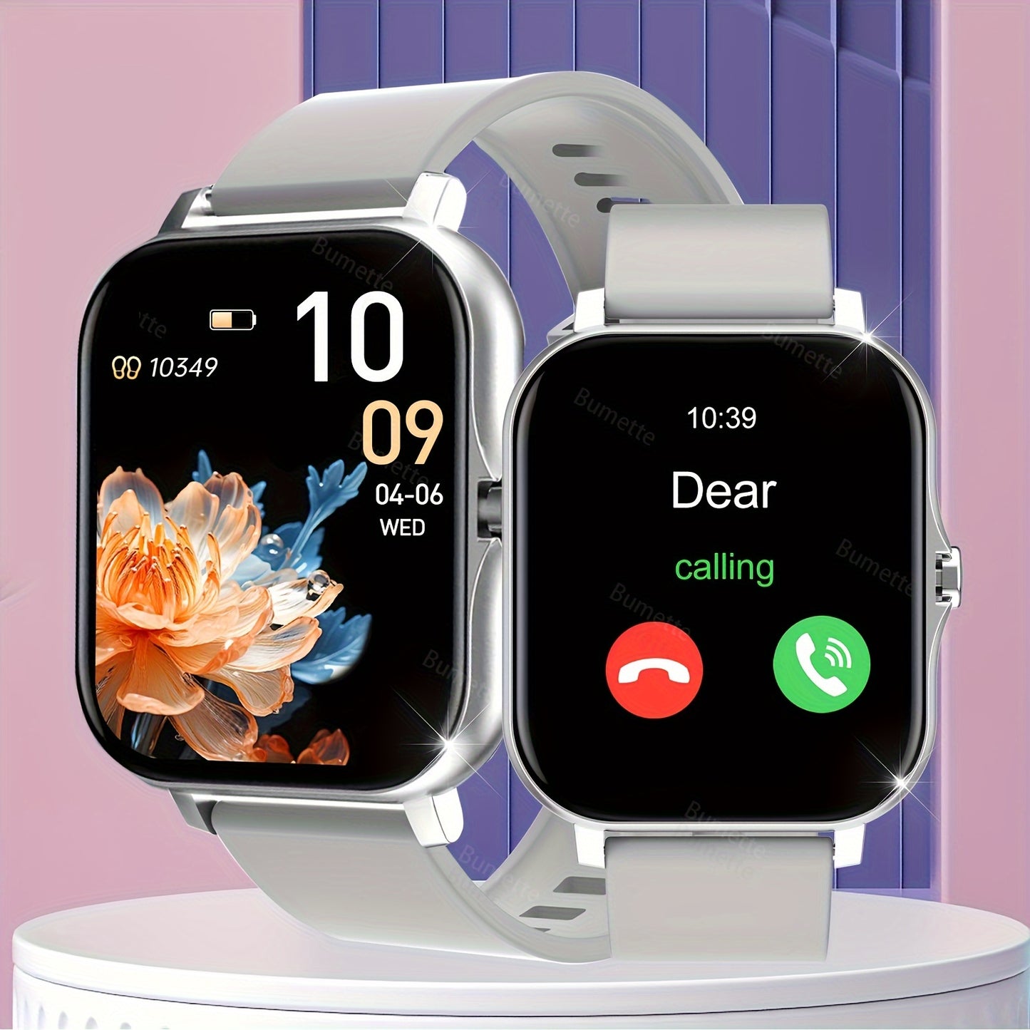 Wireless smartwatch with sports modes, call reminders, message notifications, app alerts, customizable wallpaper, and compatibility with iPhone and Android.