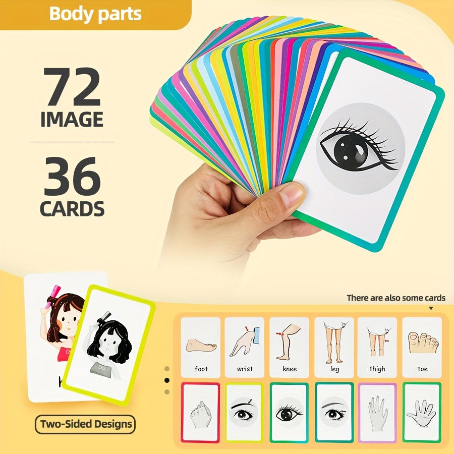 Educational flash cards for ages 3 and up - 36 bilingual double-sided cards featuring animals, fruits, vegetables, foods, shapes, and body parts - paper teaching aids in mixed colors