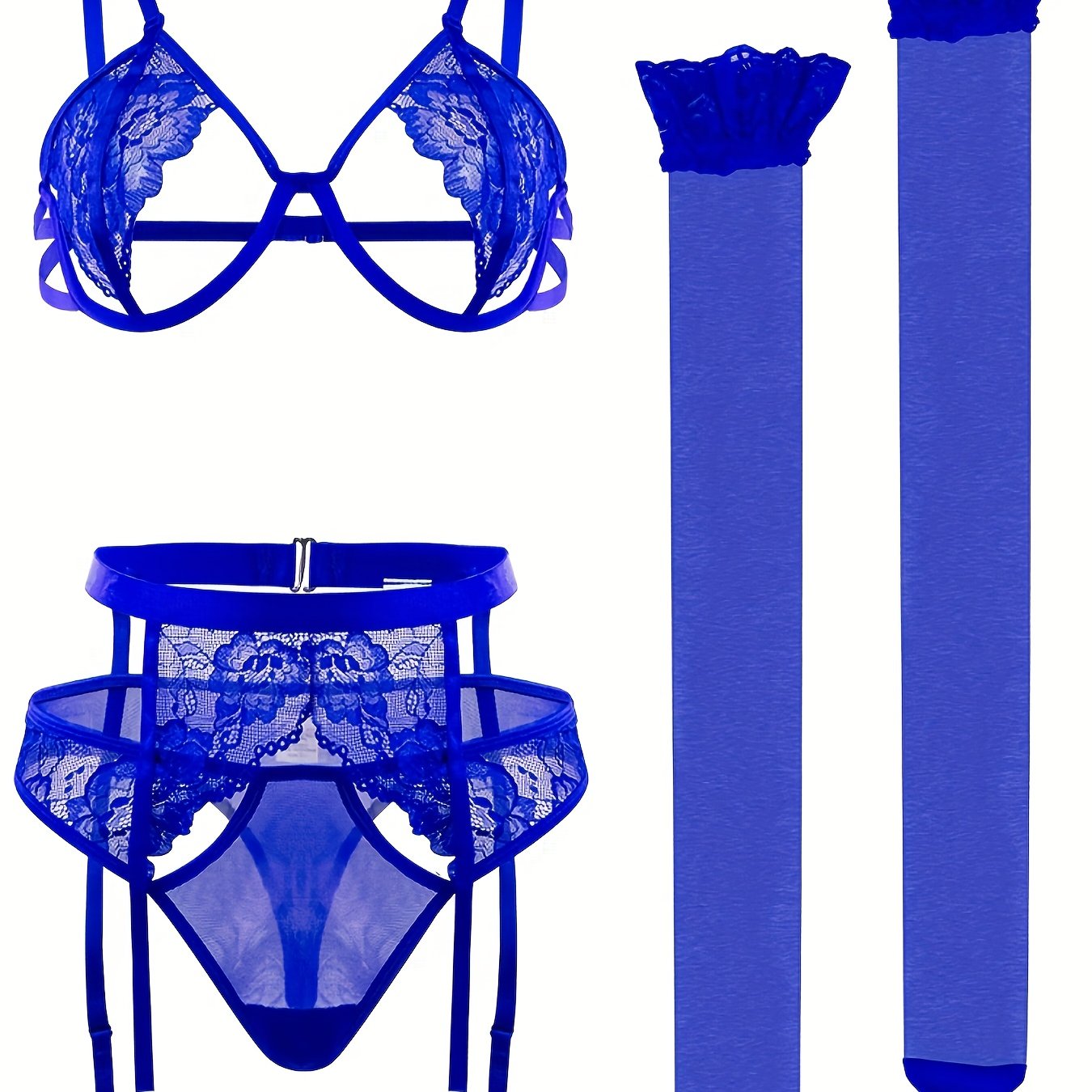 4-piece lingerie set features lace detailing, sexy panties, see-through stockings, and detachable garters with steel rings.