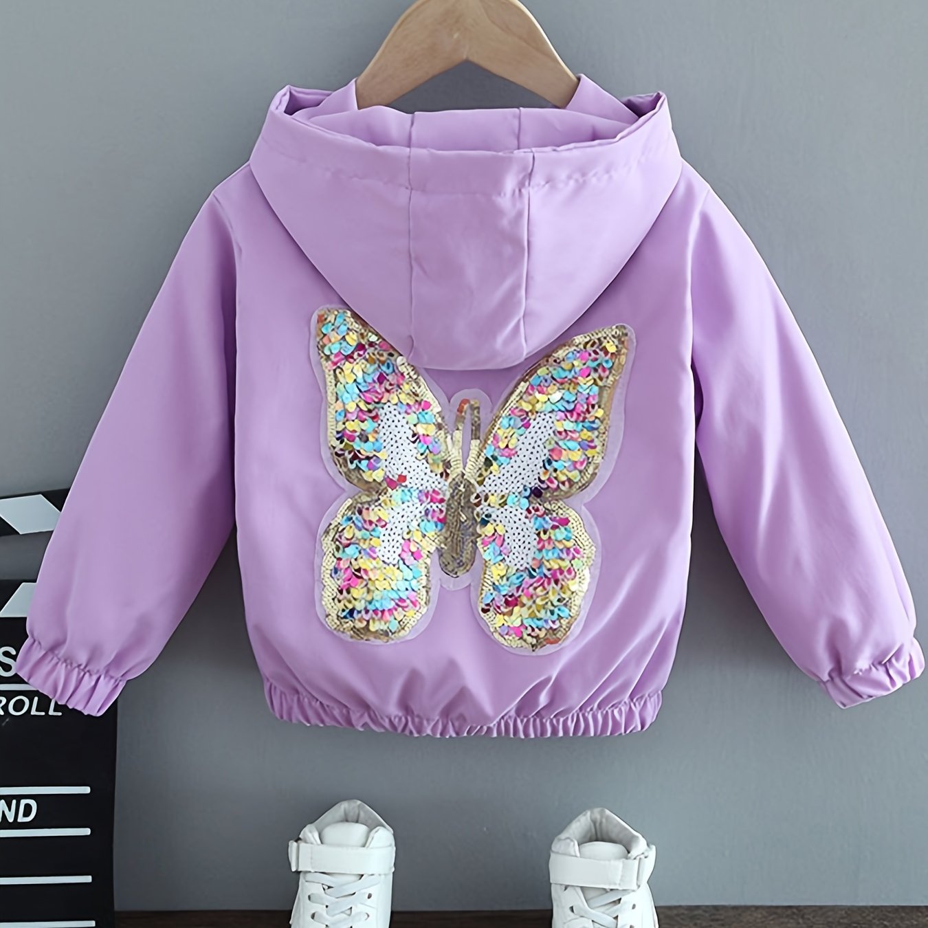 Stunning butterfly hooded jacket with sequins, perfect for casual wear in spring and fall.