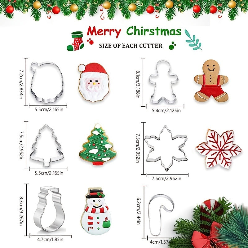 Set of 6 Christmas-themed stainless steel cookie cutters, ideal for making pastries and biscuits. Includes a variety of shapes for holiday baking. Perfect addition to any kitchen tool collection.