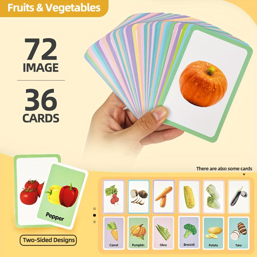 Educational flash cards for ages 3 and up - 36 bilingual double-sided cards featuring animals, fruits, vegetables, foods, shapes, and body parts - paper teaching aids in mixed colors